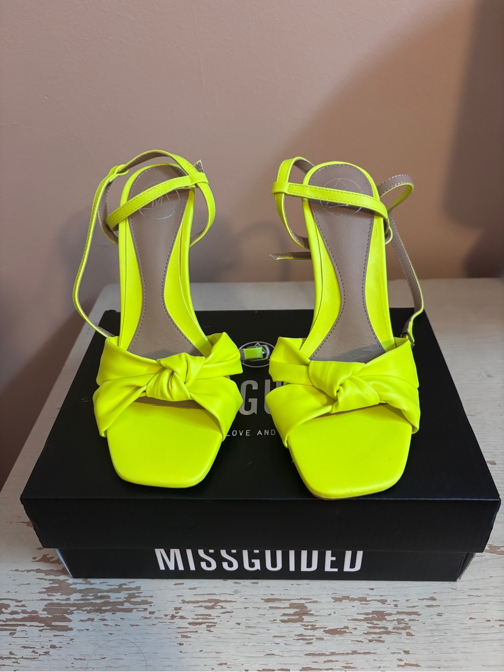Missguided Neon Yellow Knot Front Ankle Strap Heels